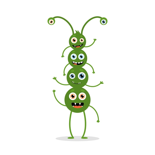 Cute funny green monster with four heads