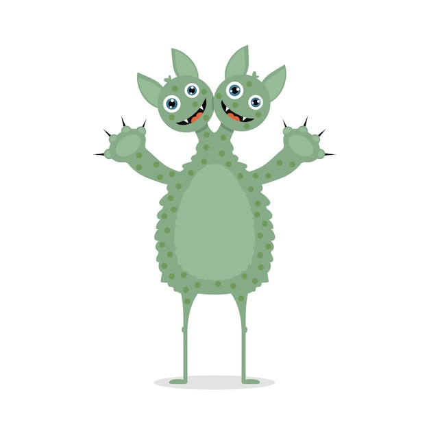 Cute funny green monster with two heads