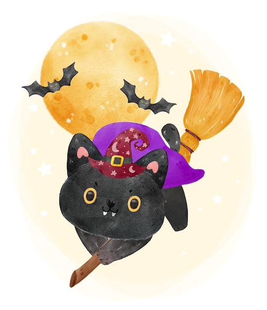 Strega divertente sveglia del gatto nero di halloween sulla scopa volante con l'illustrazione dell'acquerello dei pipistrelli e della luna piena