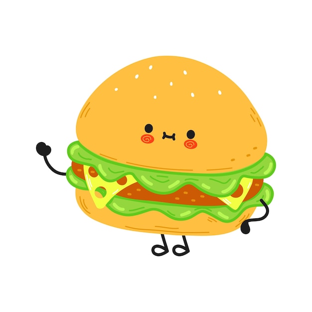 Cute funny hamburger waving hand character