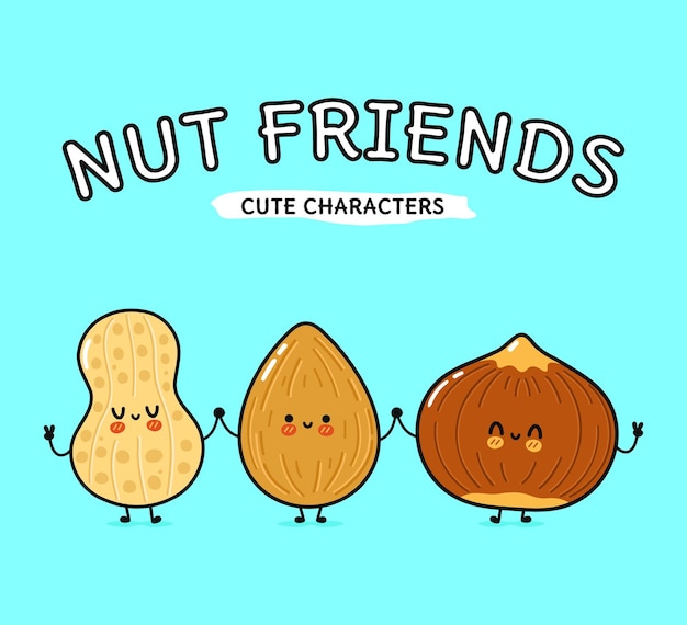 Cute funny happy almonds peanuts and hazelnut