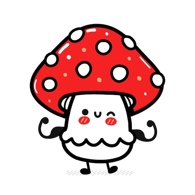 Cute funny happy amanita mushroom show muscle