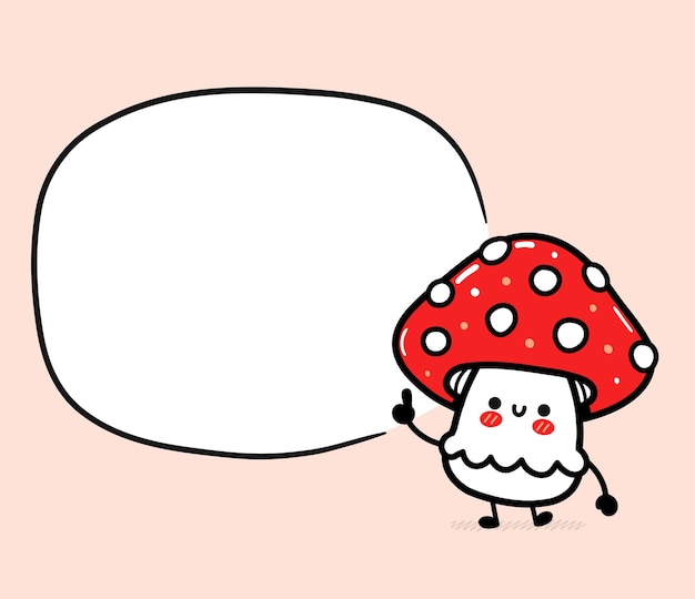 빈 텍스트 상자가 있는 귀엽고 재미있는 해피 마니타 버섯