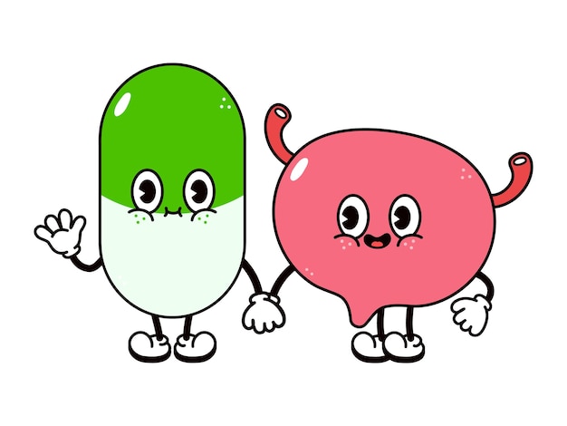 Cute funny happy bladder and pill character