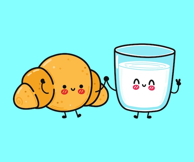 Cute funny happy croissant and coffee paper cup character