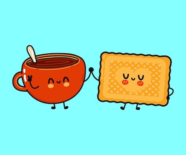 Vector cute funny happy cup of coffee and cookies character