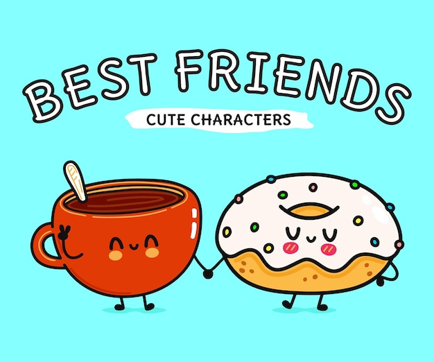 Cute funny happy cup of coffee and donut character