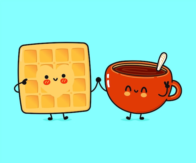 Vector cute funny happy cup of coffee and waffles character