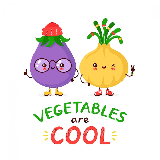 Cute funny happy eggplant and onion. Cartoon character illustration