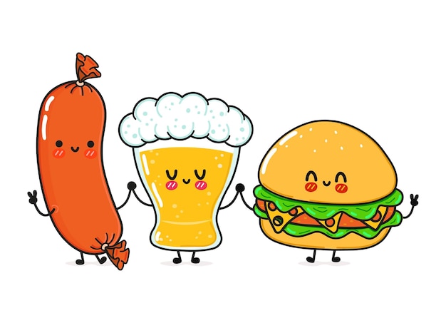 Cute funny happy glass of beer hamburger sausage