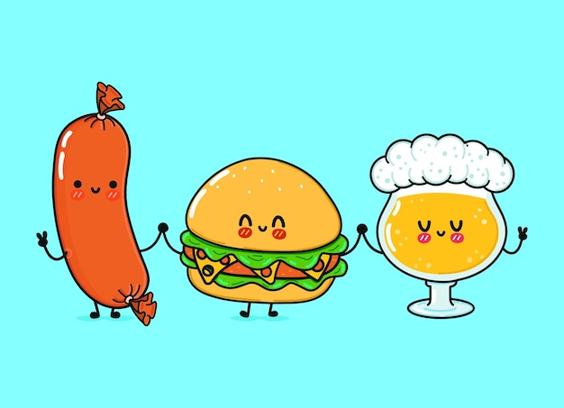 Vector cute funny happy glass of beer hamburger sausage