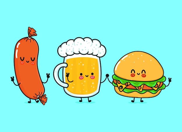 Vector cute funny happy glass of beer hamburger sausage