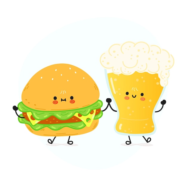 Cute funny happy glass of beer and Hamburger