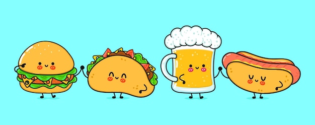 Cute funny happy glass of beer hot dog hamburger taco