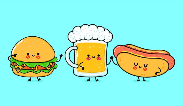 Cute funny happy glass of beer hot dog and hamburger