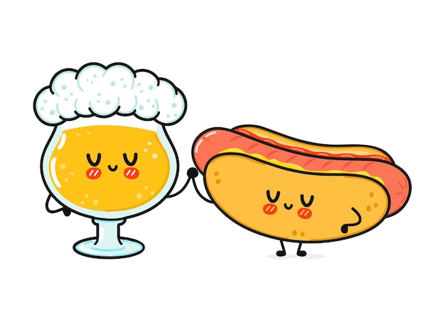 Cute funny happy glass of beer and hot dog