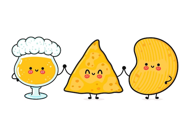 Vector cute funny happy glass of beer nachos and chips