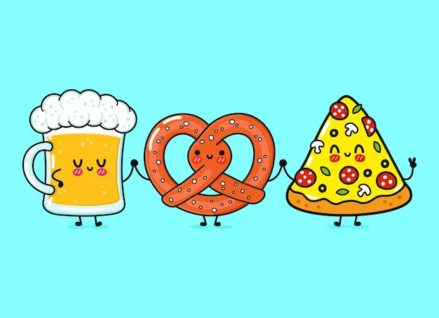 Cute funny happy glass of beer pizza and pretzel