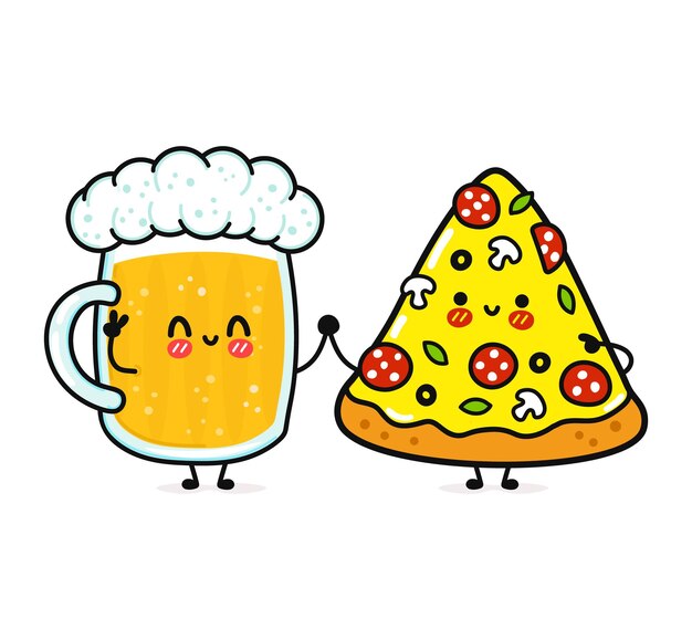 Cute funny happy glass of beer and pizza