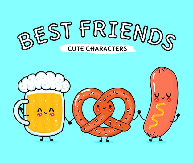 Cute funny happy glass of beer pretzel and sausage with mustard