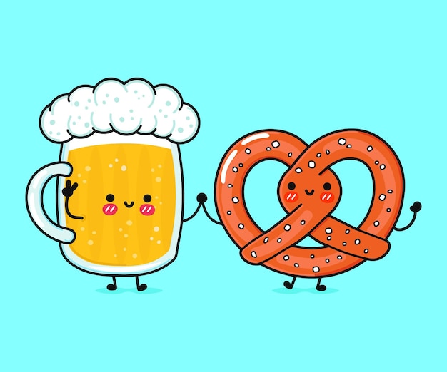 Cute funny happy glass of beer and pretzel