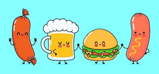 맥주 소시지와 햄버거의 귀엽고 재미있는 행복한 유리