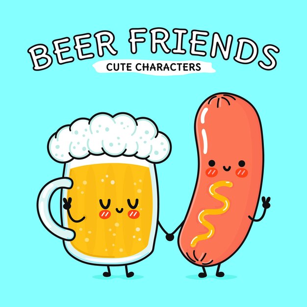 Cute funny happy glass of beer and sausage mustard