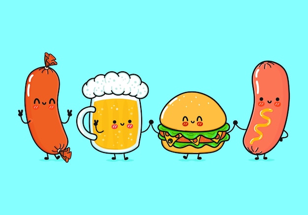 Cute funny happy glass of beer sausage with mustard and hamburger