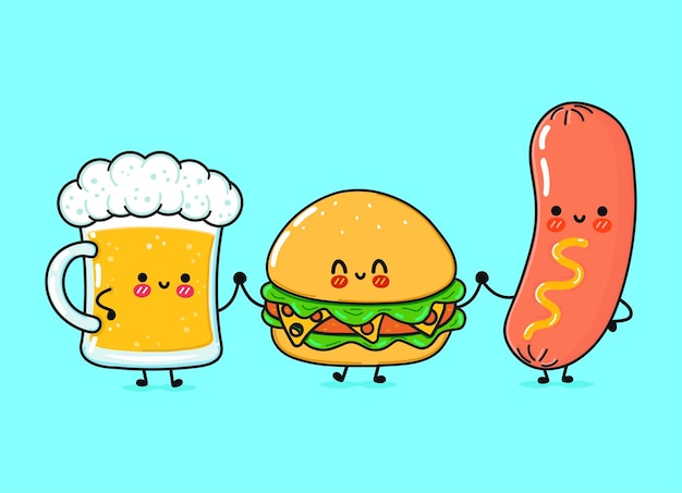 Cute funny happy glass of beer sausage with mustard and hamburger