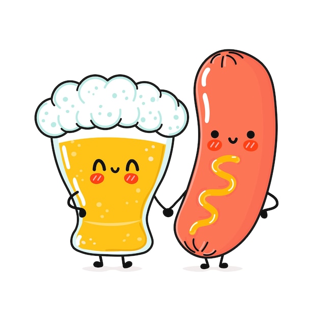 Cute funny happy glass of beer and sausage with mustard