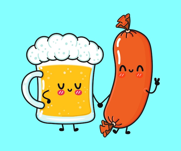 Cute funny happy glass of beer and sausage