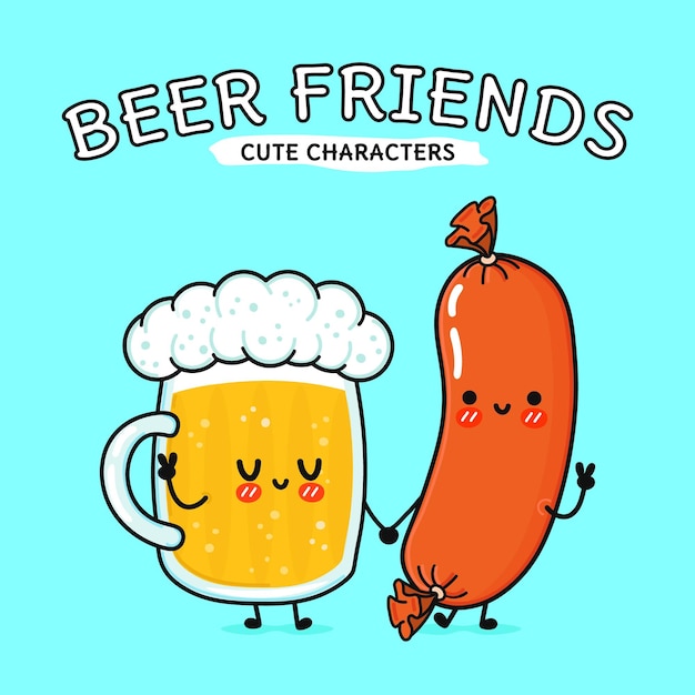 Cute funny happy glass of beer and sausage