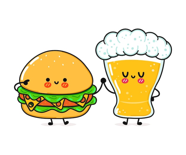 かわいい面白い幸せなハンバーガーとビール