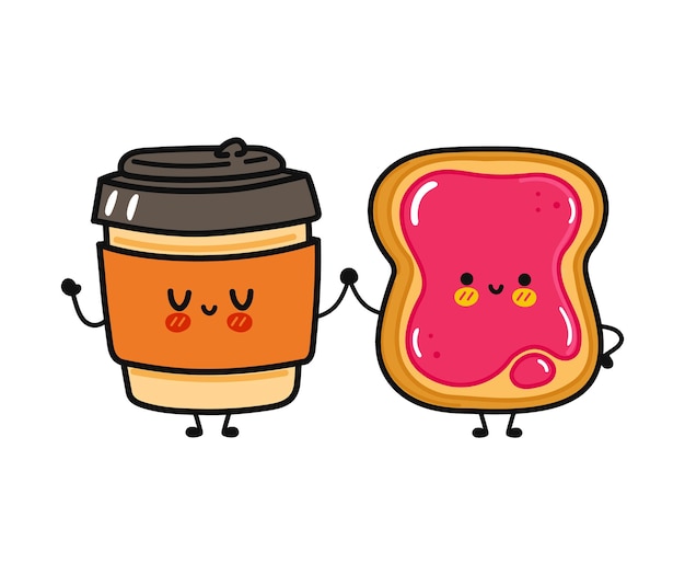 Cute funny happy paper cup and toast with jam character