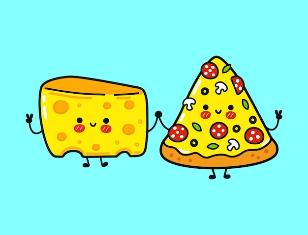 Vector cute funny happy pizza and cheese character