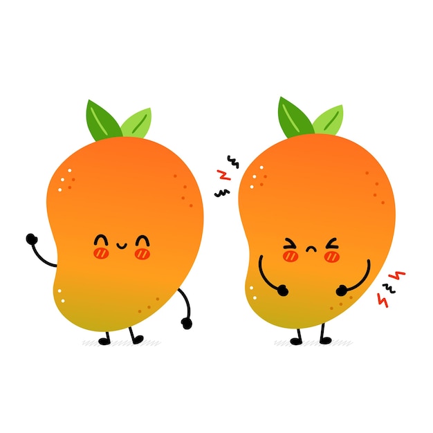 Симпатичные смешные счастливые и грустные плоды манго. Вектор рисованной мультяшный каваи символ иллюстрации значок. Изолированные на белом фоне. Концепция персонажа из экзотических фруктов манго