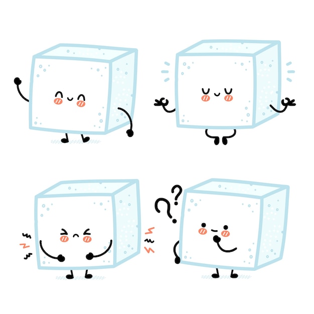 Симпатичная забавная счастливая коллекция наборов символов кубика сахара. Концепция набора персонажей сахарного куба