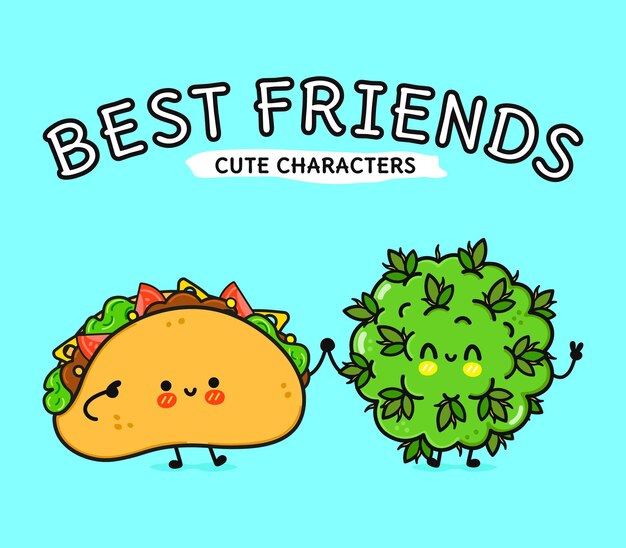 Vector cute funny happy taco and marijuana weed bud character