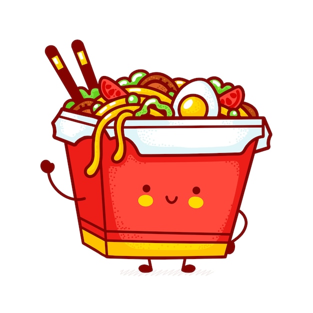 Cute funny happy wok noodle box character. flat line cartoon kawaii character illustration icon. isolated on white background. asian food, noodle, wok box character concept