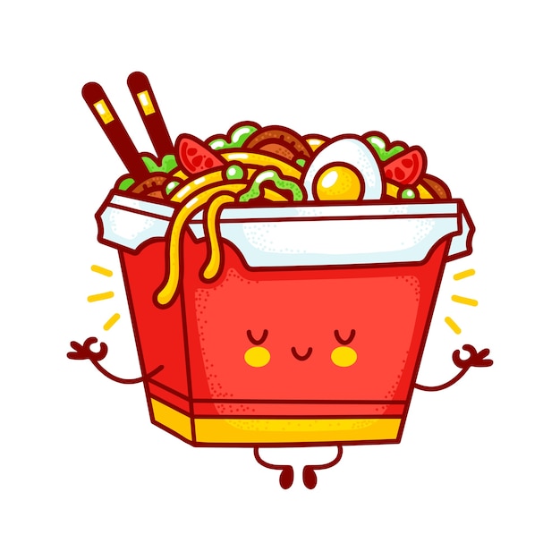 かわいい面白い幸せなwokヌードルボックスのキャラクターが瞑想します。フラットライン漫画カワイイキャラクターイラストロゴアイコン。白い背景で隔離。アジア料理、麺、鍋ボックスのキャラクターコンセプト