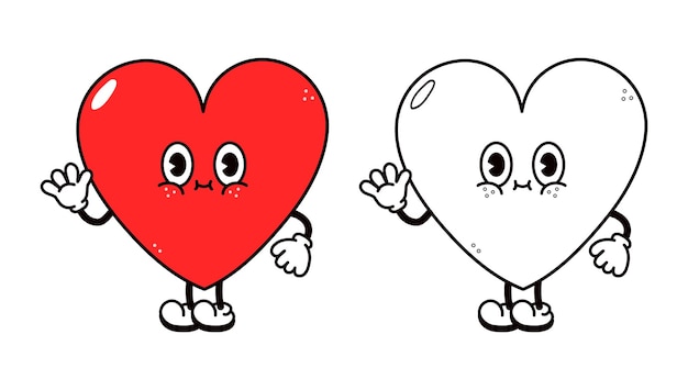 Симпатичное смешное сердце, машущее рукой, набросок персонажа мультфильма, иллюстрация для раскраски