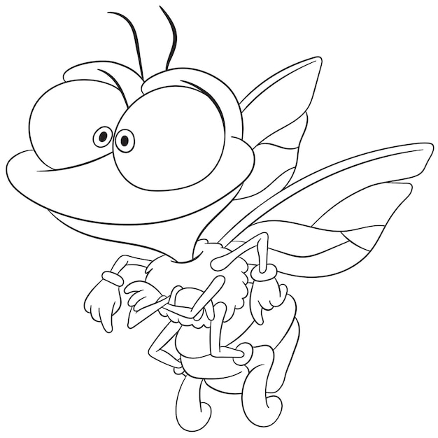 Cute funny house fly bug. Cartoon coloring book page for kids.