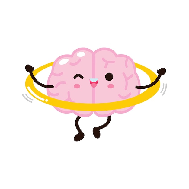 Vector cute funny human brain character playing hulahoop, vector illustration kawaii icon design