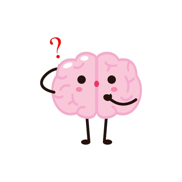 Simpatico e divertente personaggio del cervello umano con punti interrogativi, illustrazione vettoriale kawaii icon design