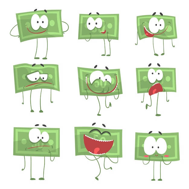 Vector cute funny humanized banknotes showing different emotions set of colorful characters  illustrations