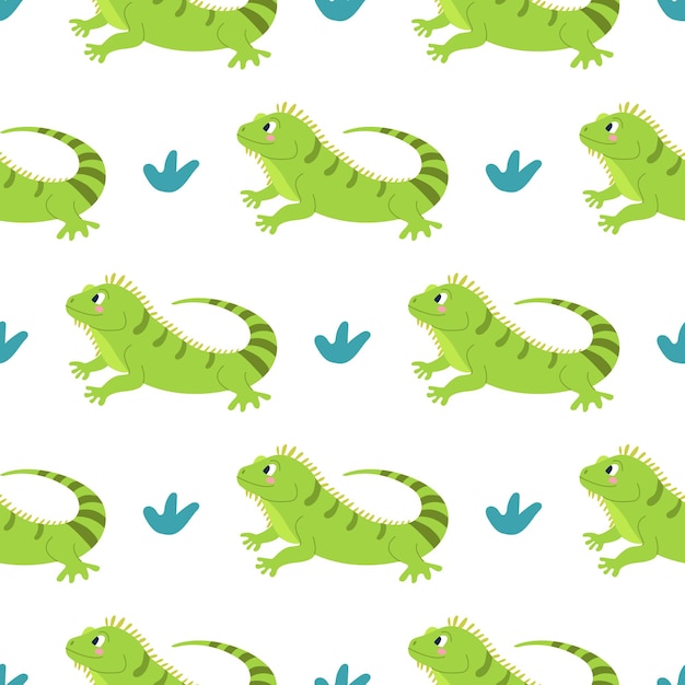 Cute funny iguana on white background Vector seamless pattern in cartoon flat style