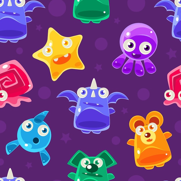 Cute Funny Jelly Monsters Cartoon Characters Seamless Pattern Design Element Can Be Used for Website Wallpaper Background Vector illustration