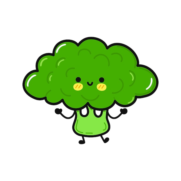 Simpatico personaggio divertente che salta con i broccoli