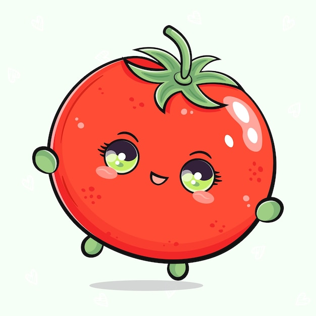 Cute funny jumping Tomato Vector hand drawn cartoon kawaii character illustration icon Isolated on light green background Tomato concept