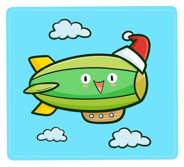 Vector cute and funny kawaii green big air balloon wearing santa's hat for christmas